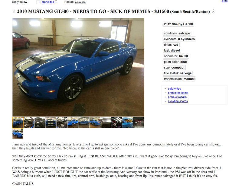 Illustration for article titled This Ford Mustang Has To Go Because The Owner Is 'Sick Of Memes'